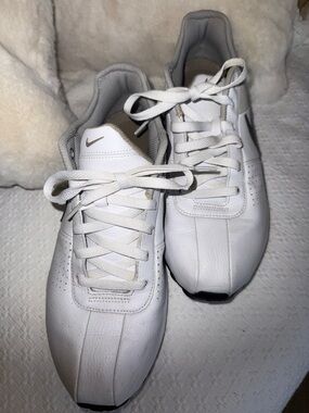 Nike White Leather with tan Low-Top Sneakers with Black Swoosh